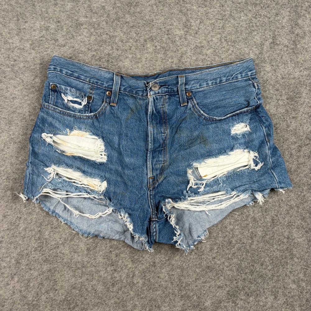 Levis 501 Shorts Women 32 Blue Distressed Cut Off Denim Button Fly